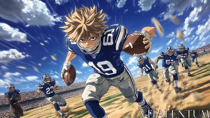 Energetic anime quarterback sprinting down a sunny football field.