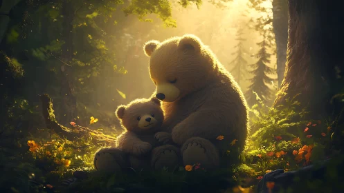 Sunlit forest cuddle with two bears in a gentle embrace.