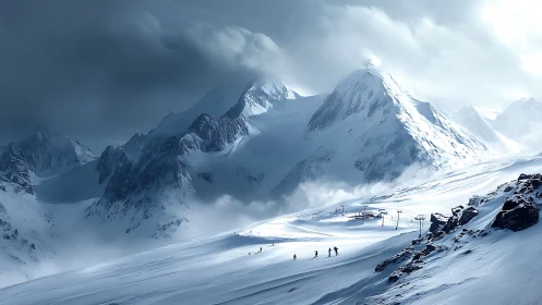 Storm-lit alpine ski resort under towering winter peaks.