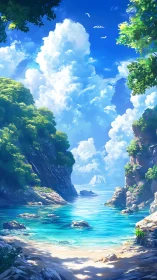 Quiet turquoise cove beneath towering daydream clouds.