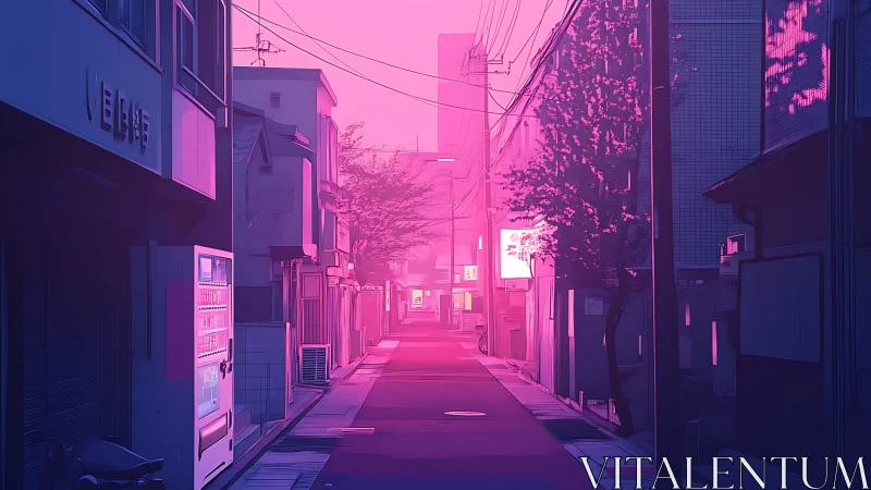 Neon-pink alleyway streetscape in atmospheric digital painting.