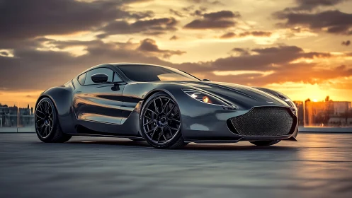 Low-angle view of modern grey sports coupe at sunset.
