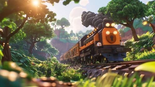 Toy block-style train crossing lush forest railway scene.