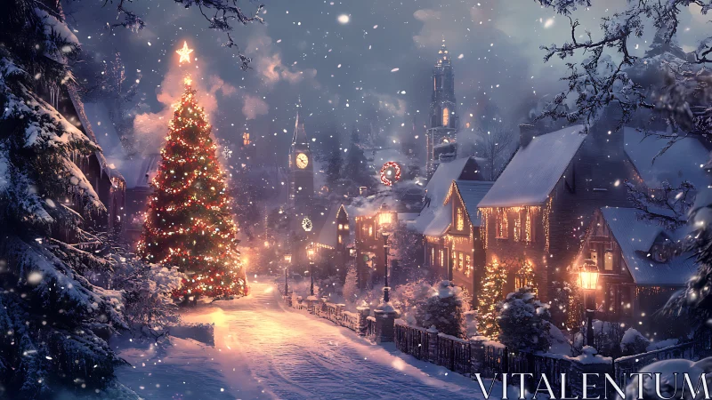 Snowy village street wrapped in twinkling Christmas lights.