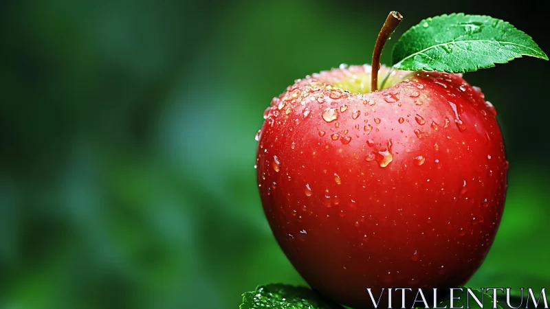 Red apple with water droplets against green background.