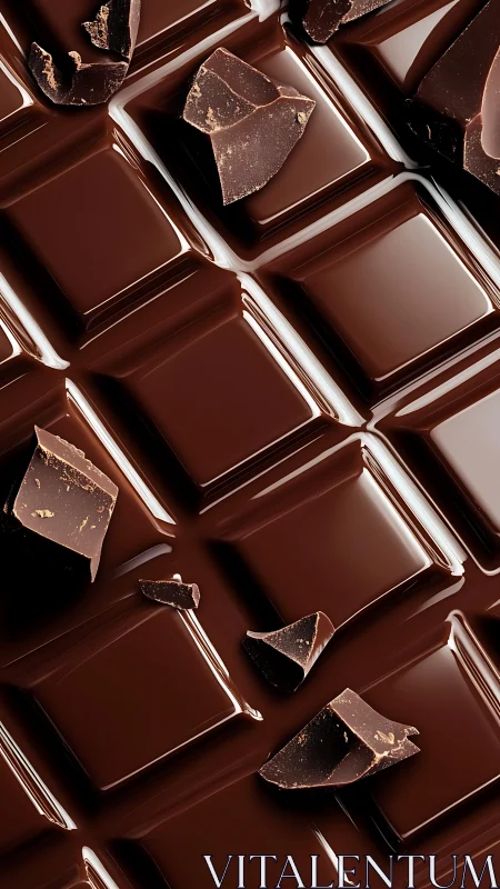 Glossy dark chocolate bar with broken chunks on surface.