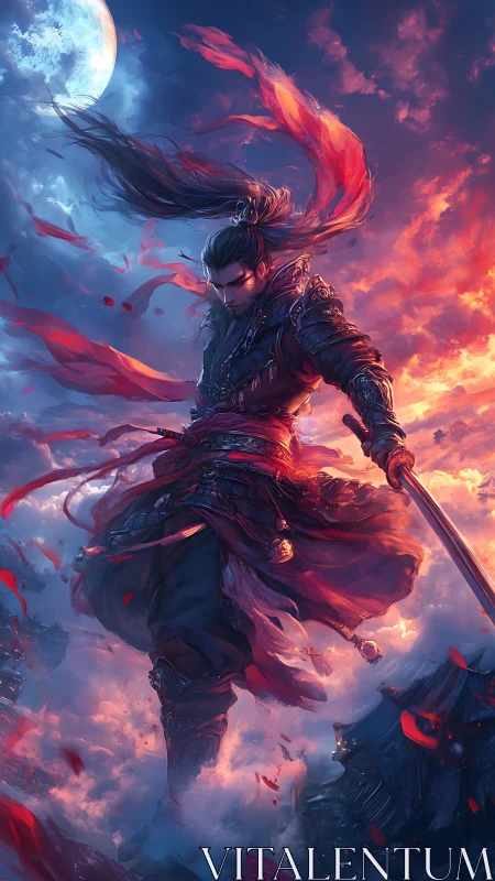 Moonlit swordsman descending through stormfire skies.