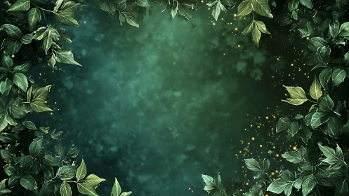 Emerald vignette foliage border with glowing particulate fireflies
