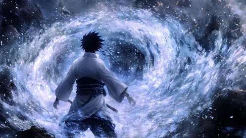 Martial figure commands luminous vortex in dynamic anime style