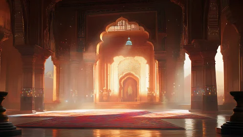 Sunlit interior shows ornate arches and patterned floor covering