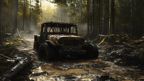 Mud covered off road vehicle stationary in dense forest trail.