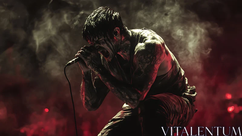 Tattooed vocalist performing in dense red stage smoke.