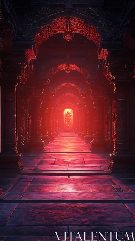 Long stone corridor with arches and distant bright figure.