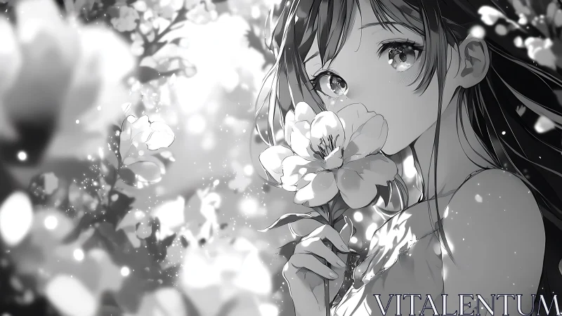 Monochrome anime portrait applies shallow depth and bokeh bloom