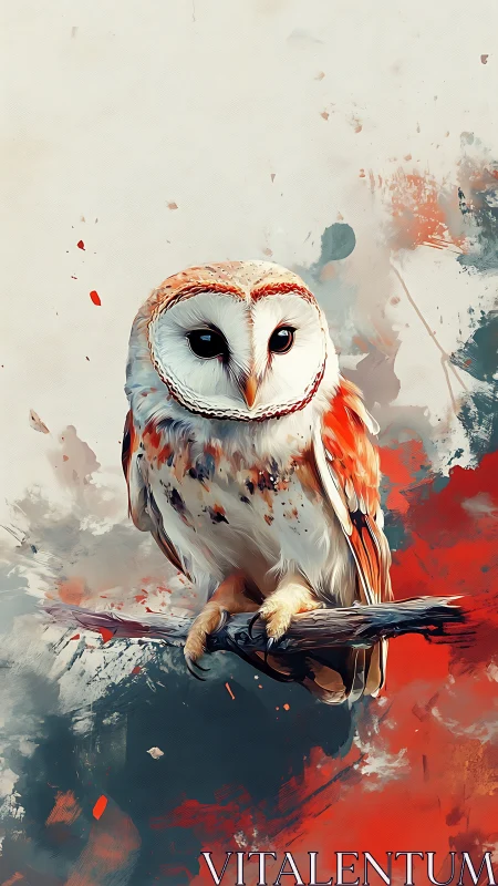 Painted barn owl rests amid vivid abstract color storm.