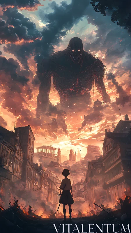 Giant humanoid figure over burning ruined city at dusk.