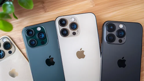 Four modern smartphones displayed on wooden surface