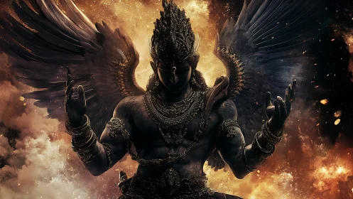 Winged stone deity rises within blazing cosmic storm.