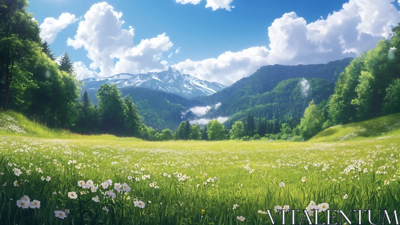 Mountain meadow landscape shows layered vegetation and clouds
