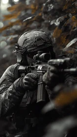 Stealth soldier edging through misty forest shadows at dawn.