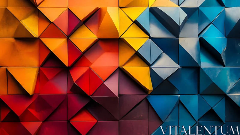 Colorful pyramids collide as warm tones kiss cool geometry
