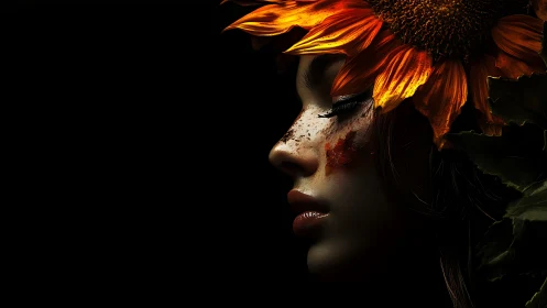 Sunflower muse profile glows in dramatic low key light.