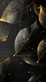 Golden particle-veined leaves on black atmospheric field.