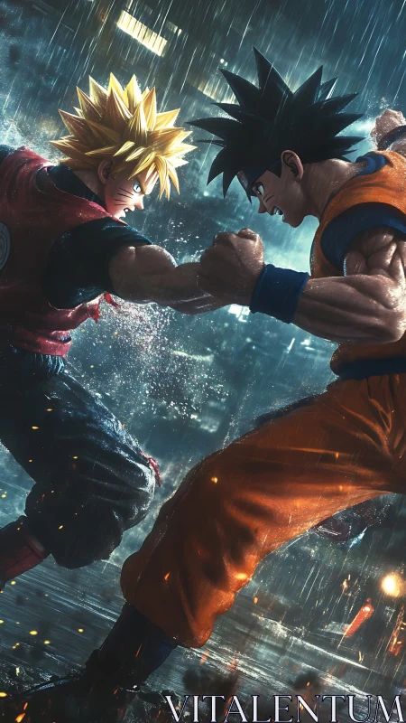 Stormlit clash of determined anime heroes in the rain.