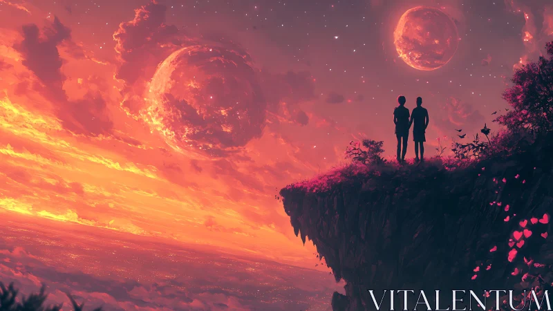 Two silhouettes hold the horizon while twin moons rise