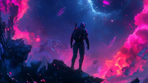 Solitary astronaut on neon lit alien cliffside horizon.