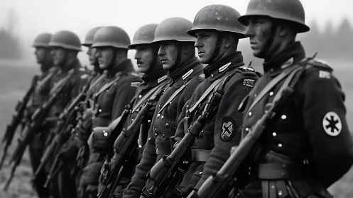 Somber line of soldiers stands in misty open landscape