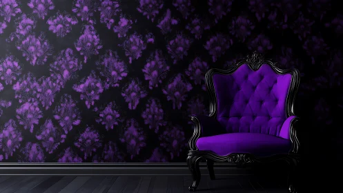 Purple baroque armchair against dark damask wall.