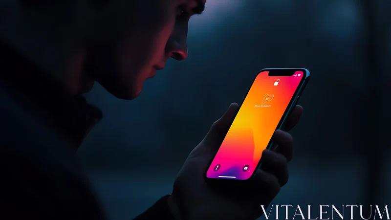 Neon Gradient Smartphone Display in Darkened Environment. Cinematic.