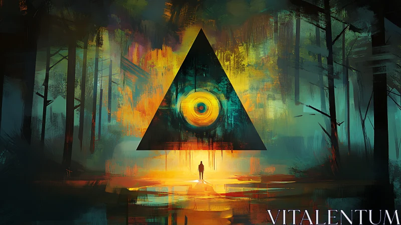 Mysterious forest portal glows around a watching triangle eye