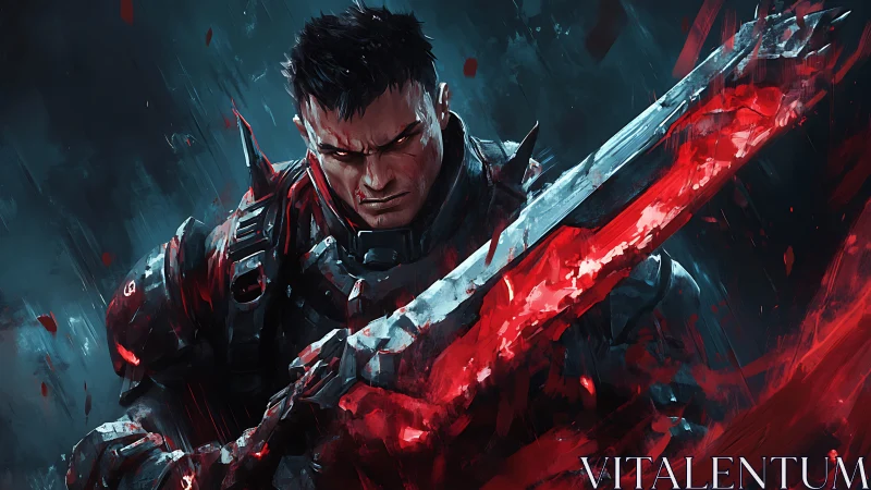 Armored cyber-swordsman with volatile crimson energy blade.