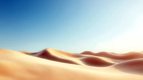 Sunlit desert waves roll beneath a boundless blue sky.