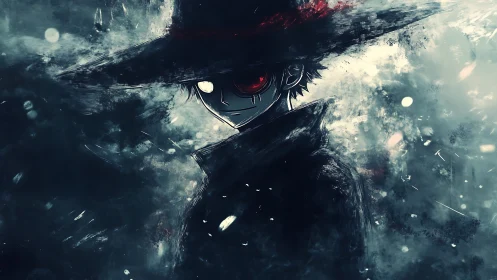 Mysterious red eyed wanderer steps from the swirling mist