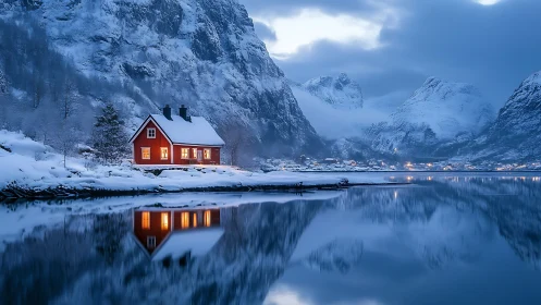 Red cabin by snowy fjord under overcast winter sky.