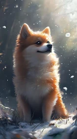 Digital painting study of fluffy dog in luminous snowfall atmosphere.