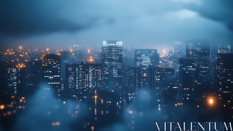 Foggy neon city skyline glows against deep blue night sky