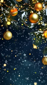 Gold ornaments on snowy fir branches with falling snow.