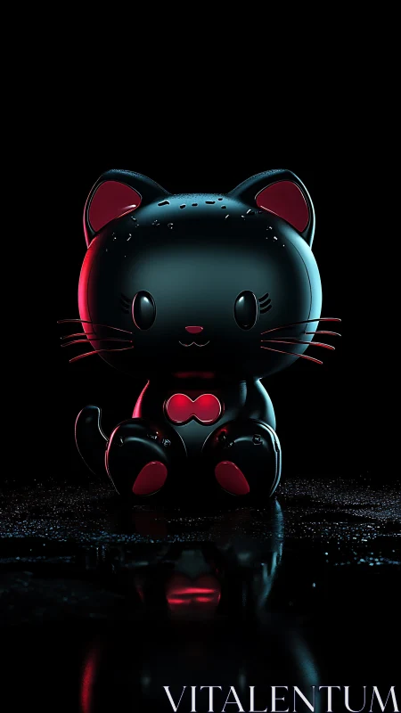 Glossy black chibi cat figurine under dramatic rim lighting