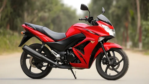 Red sport commuter motorcycle in lateral optical profile study.