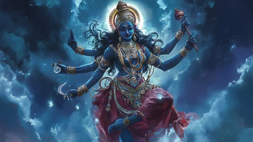 Blue multi-armed celestial goddess amid stormlit night clouds