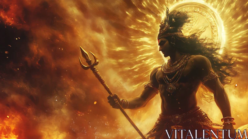 Radiant warrior deity in backlit inferno with detailed golden armor