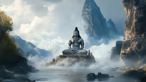 Serene mountain god statue rests above misty river valley