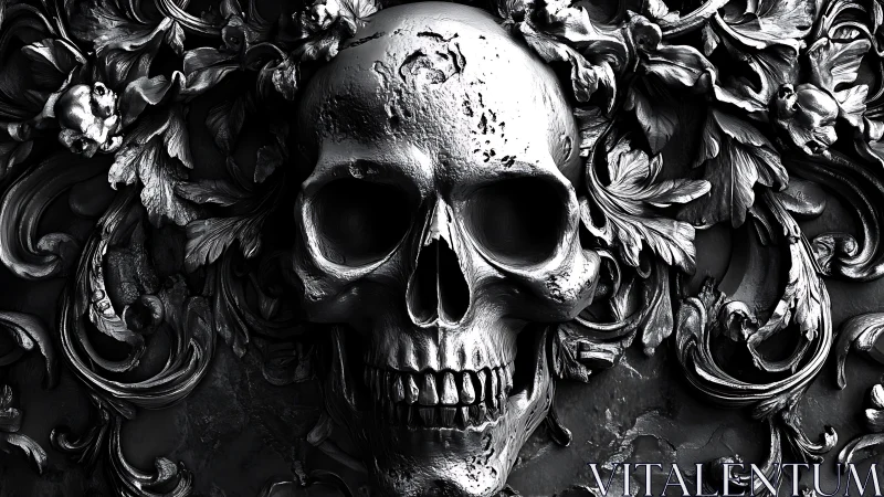 Baroque metallic skull merges with ornate dark floral relief.