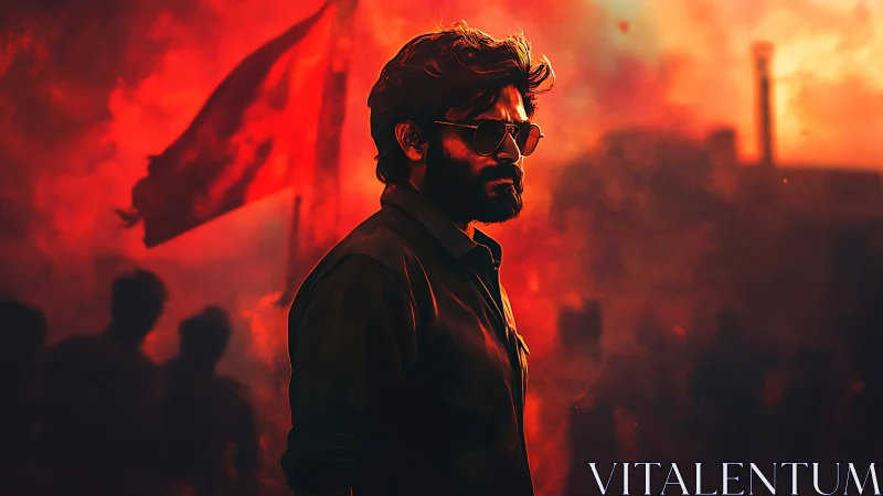 Defiant leader strides through blazing red protest smoke.