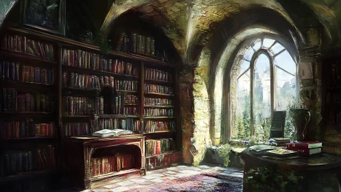 Sunlit stone library nook filled with quiet, timeless wonder.