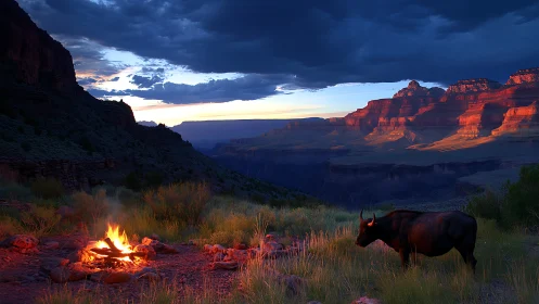 Twilight canyon rim campfire with grazing bison in warm rimlight
